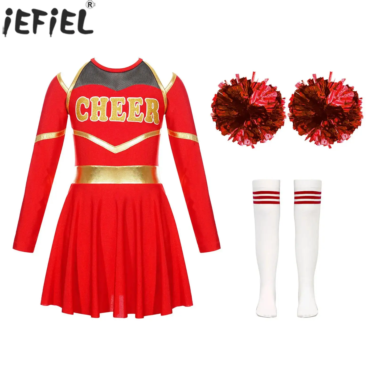 

Teen Girls Cheerleading Performance Outfit Print Leotard Dress with Flower Balls Socks School Party Sports Meet Cheer Uniform