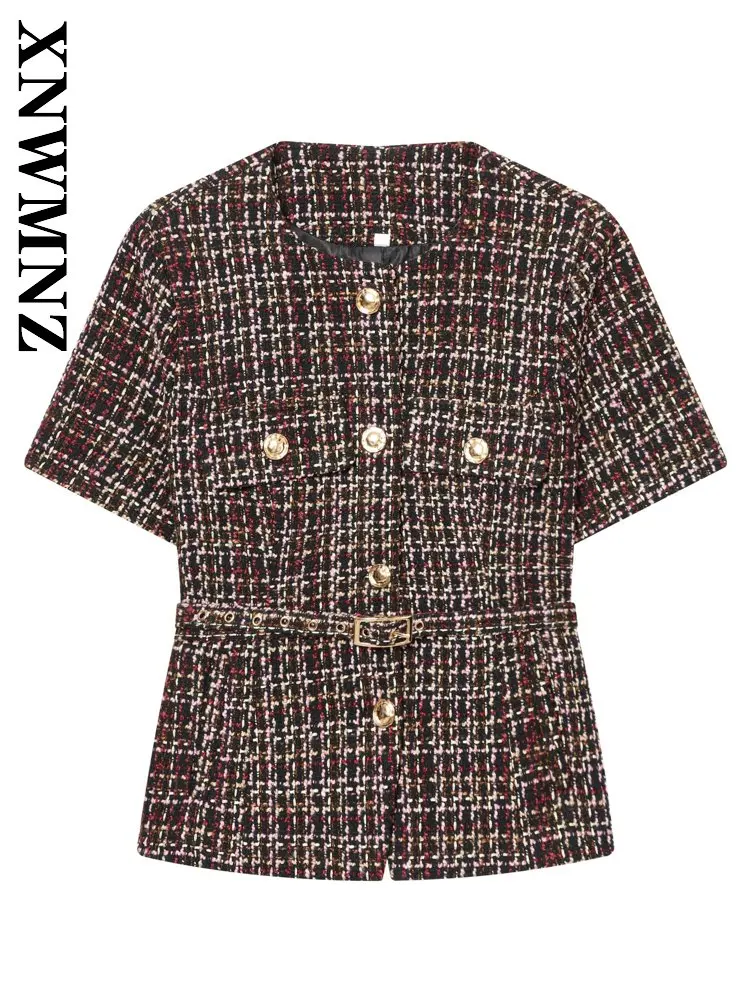 XNWMNZ 2025 겨울 신상 여성 휴가 캐주얼 O넥 니트 재킷 파티 빈티지 가을 여성 반팔 패션 슬림 탑 포켓