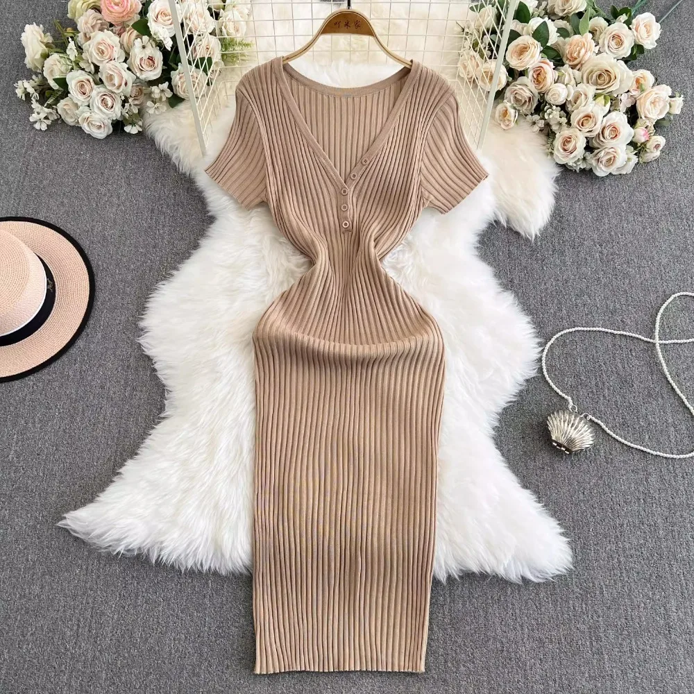 Foamlina Elastic Knit Bodycon Dress for Women Female 2024 New Waist Cinching and Slimming Orange V-neck Knitted Dress Sweater