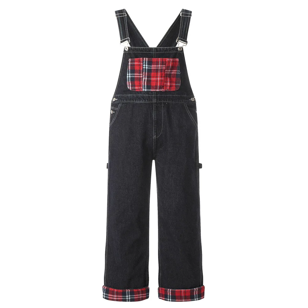 Men Tartan Patch Bib Overalls Check Plaid Print Pocket Dungarees Loose Roll up Hem Suspenders Jumpsuites Jeans Coveralls