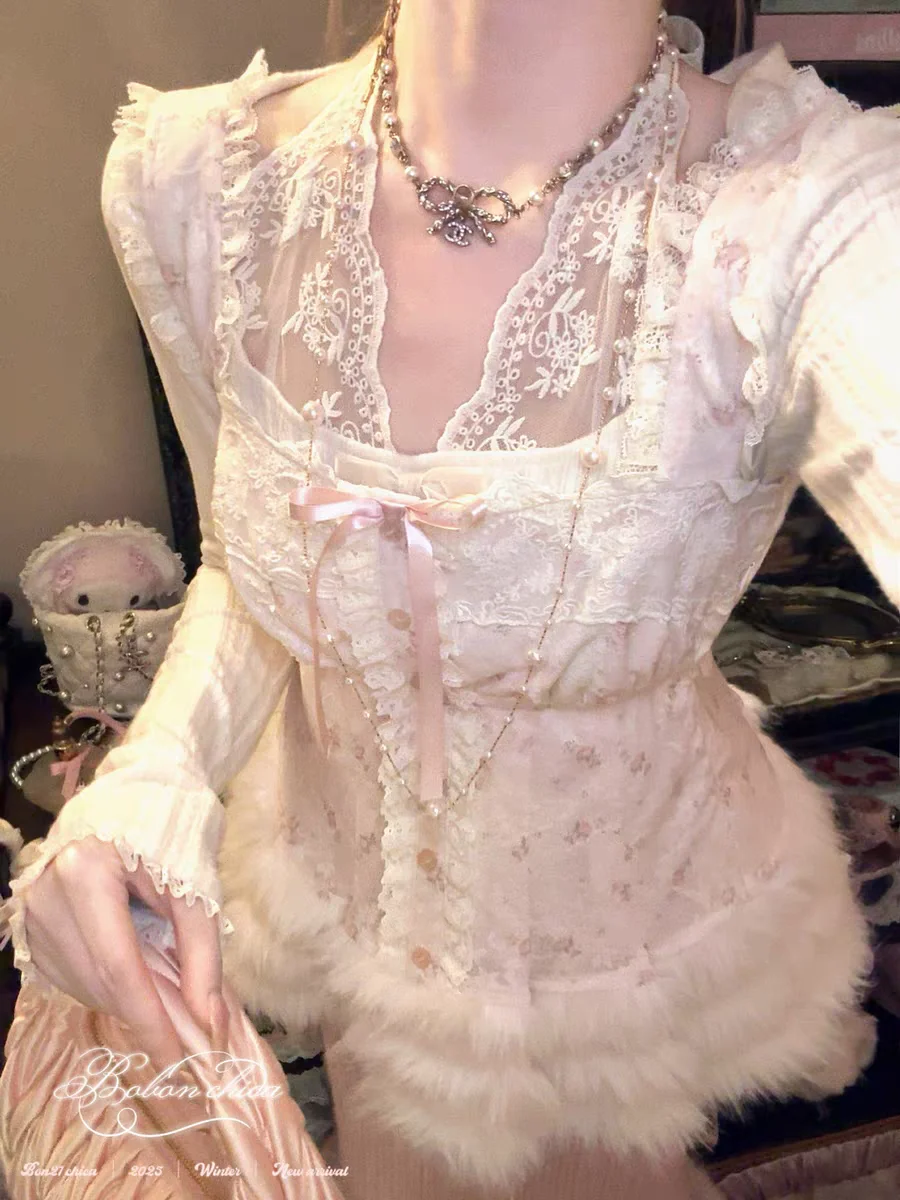 Princess sweet lolita Shirt bobon21 Pearl Tears Winter Edition Lace Retro Strap Doll Shirt T2433