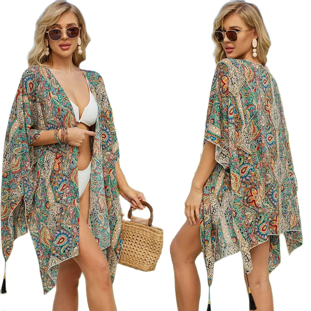 Women\'s Tops Floral Loose Tassels Coverups Beach Swim Bikini Kimono Cardigan Bathing Suit Cover Ups Blouse Swimwear Resort Wear