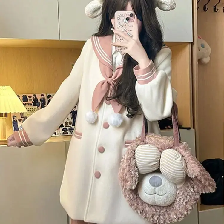 

Japan Autumn And Winter JK Uniform Woolen Pink And White Suit Navy Collar Top Bow Niche Design Pleated Skirt Suit
