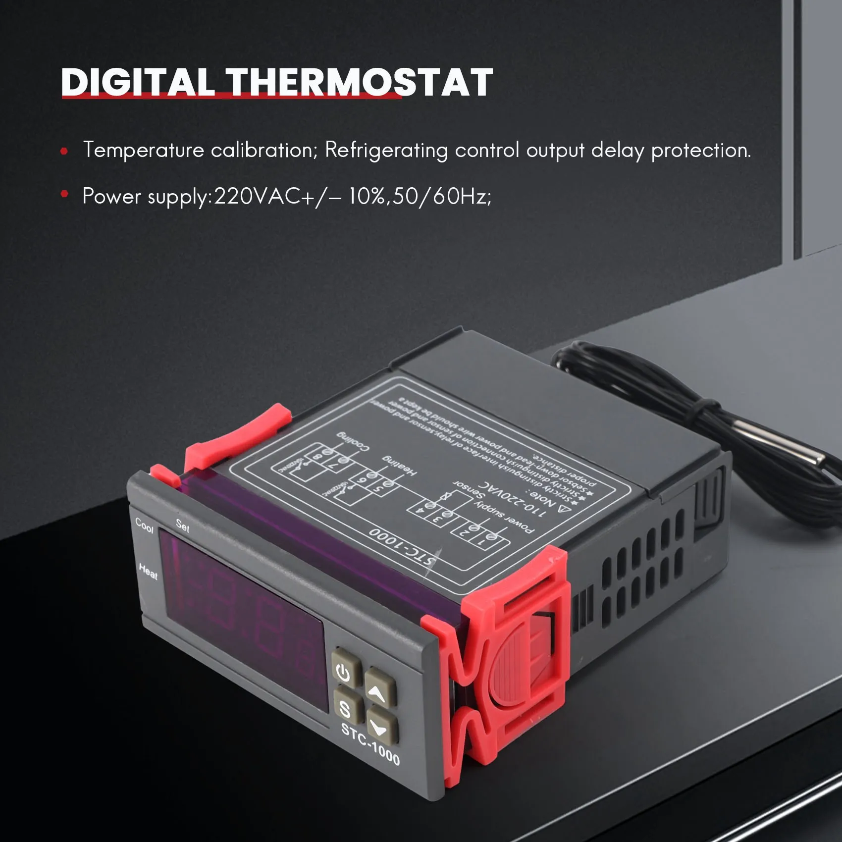 Regulador de termostato y sonda de Sensor, controlador de temperatura de STC-1000 Digital de 220V