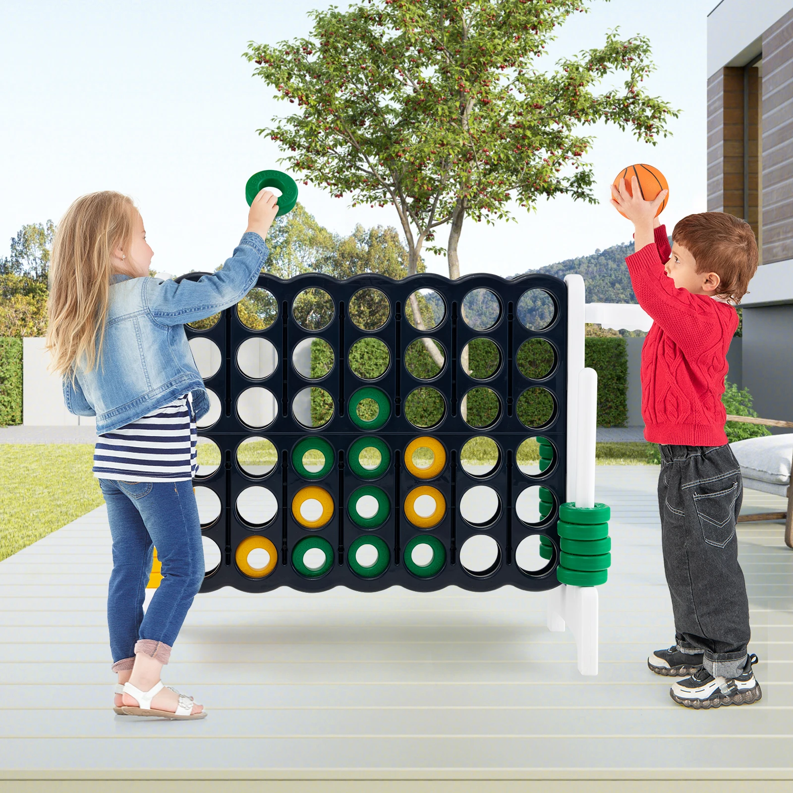 DORTALA Giant 4 in a Row Game Jumbo Connect 4 Garden Games w/42 Rings Basketball Hoop Orange/Blue/White/Red/Grey/Green