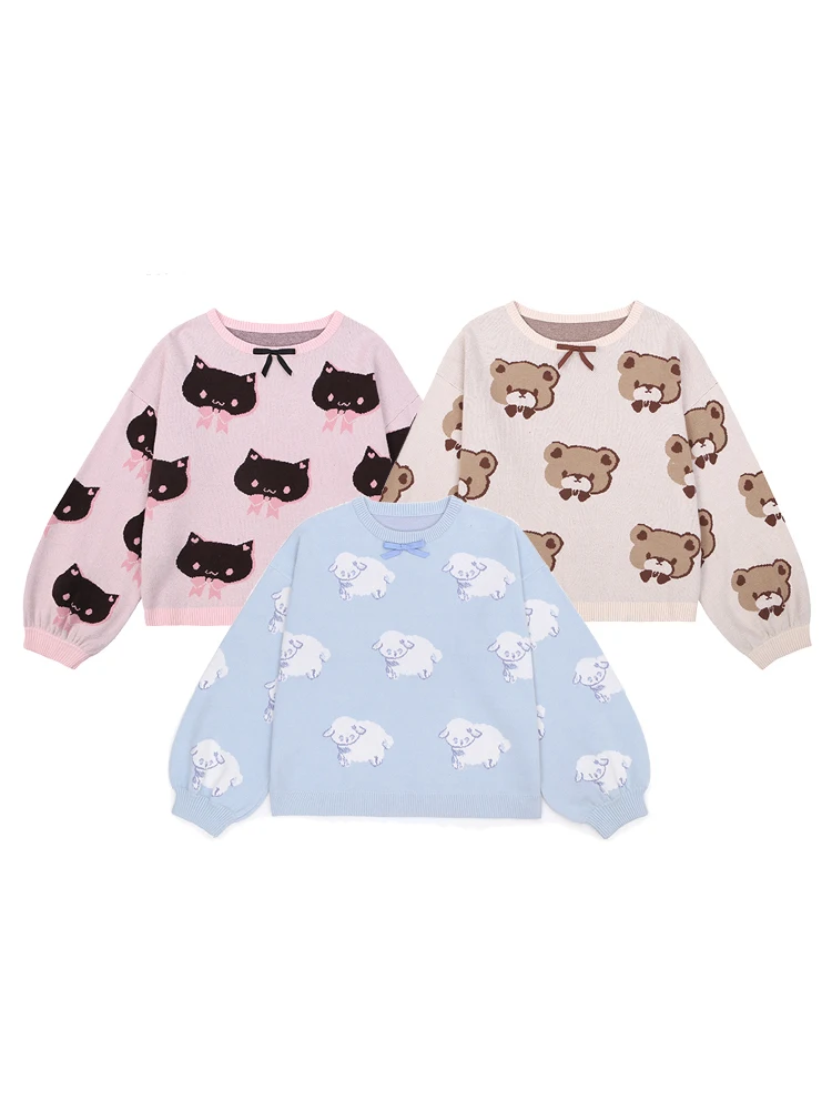 2024 New Autumn Winter Girls Kawaii Cartoon Print Pullover Loose Knitted Sweater Cute Furry Suspender Shorts Women's Outfits