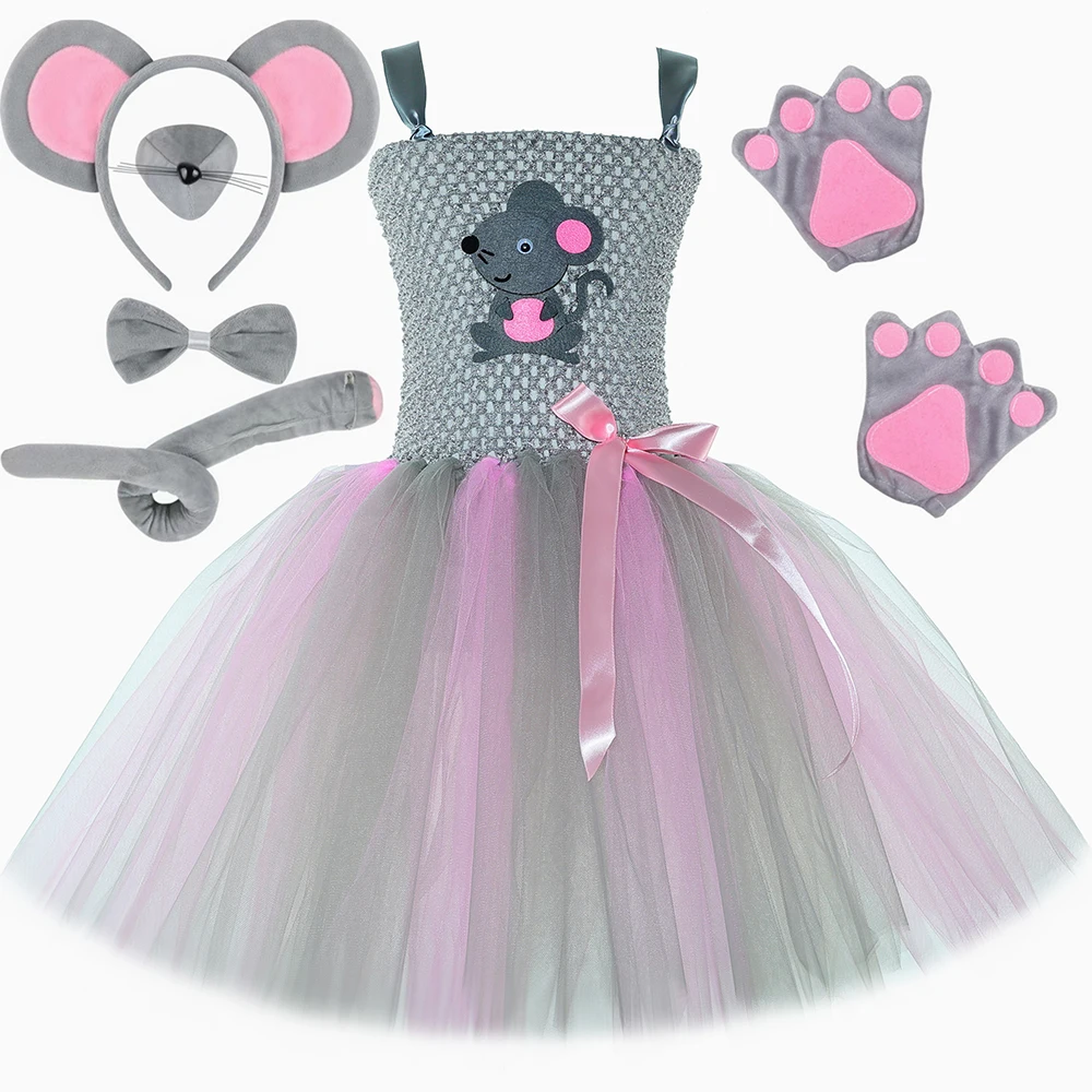 

Grey Pink Mouse Costume Toddler Cartoon Animal Rat Tulle Tutu Dress for Girls Birthday Party Halloween Dress Up Clothes Set