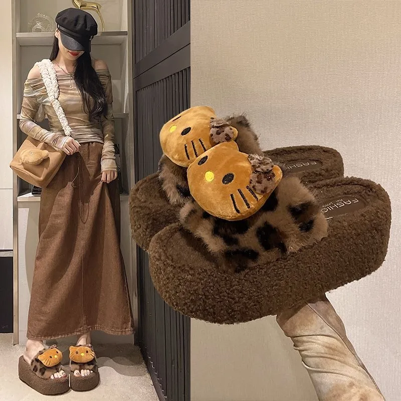 Kawaii لطيف مرحبا كيتي النعال القطن فتاة خريف شتاء وصول موضة الكرتون أنيمي ليوبارد طباعة غامض النعال فتاة هدية