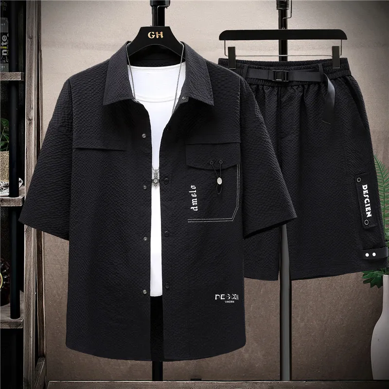 Summer Men\'s Set Casual Single Breasted Short Sleeve Shirt Shorts 2 Piece sets Loose Fashion High Quality Sweatshirt Suit