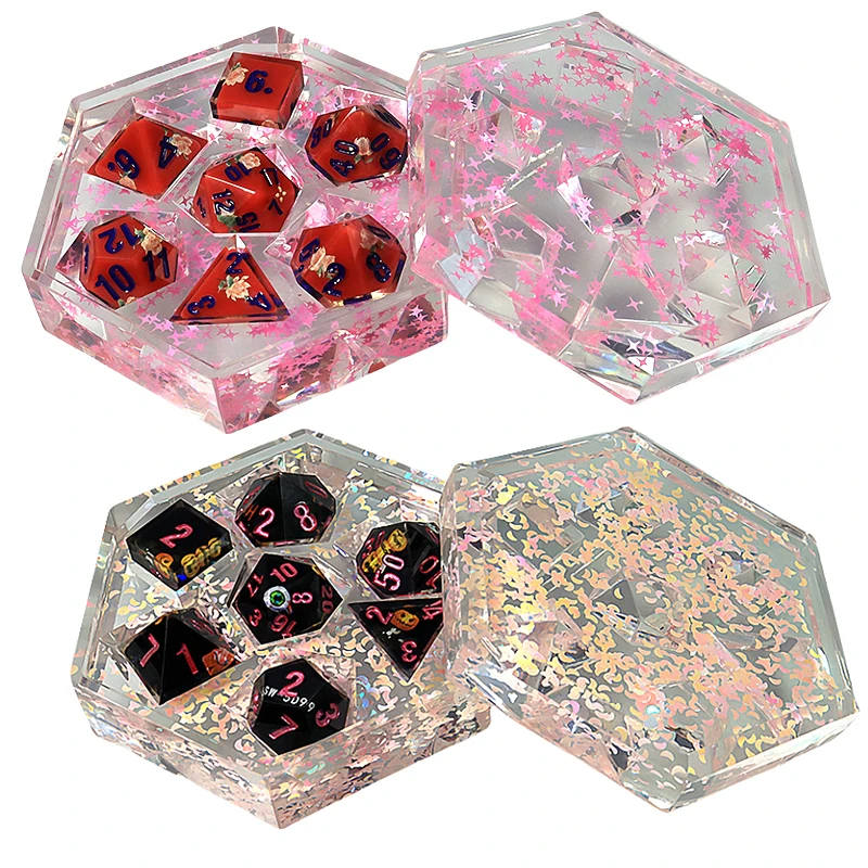 

7Pcs Dice Set Game Dice Storage Box, Resin Rainbow Flash Pattern Dice Box(With out Dice)
