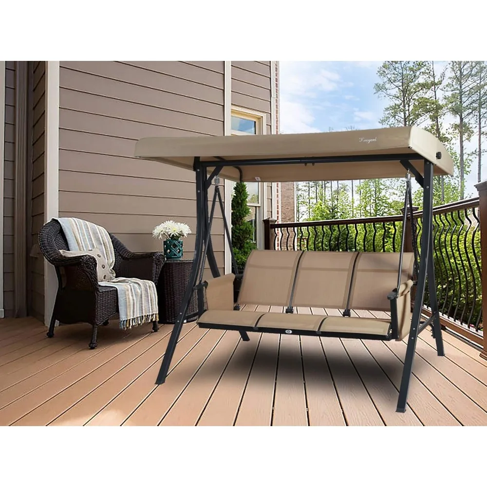 3-Seat Patio Swing Chair, Outdoor Porch Swing Glider with Adjustable Canopy, Side Pouches, Breathable Seat and Back