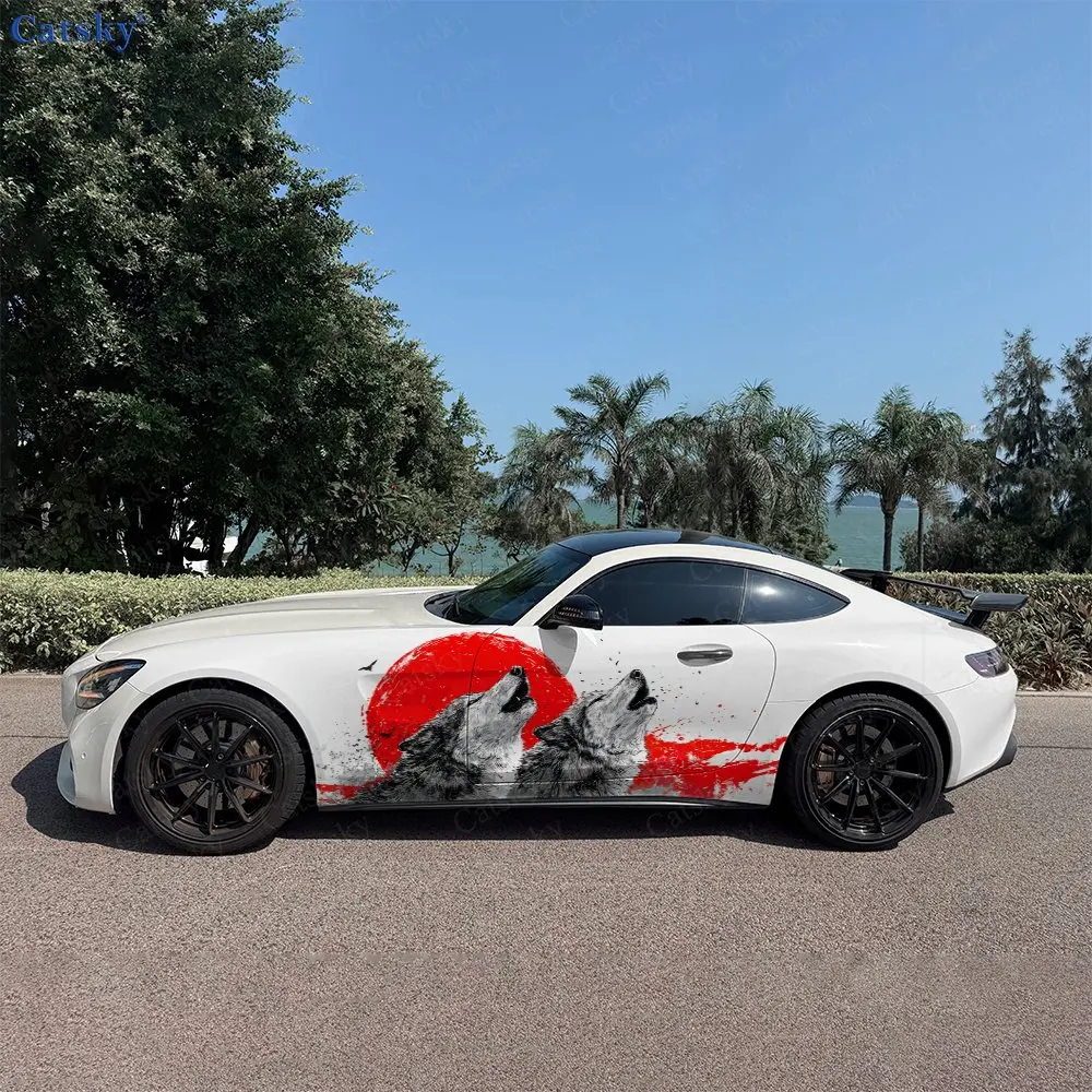 2pcs Crimson Sun Howling Wolves Car Side Wraps, Self-Adhesive PVC Waterproof & Scratch-Resistant Stickers, Car Accessory Gift