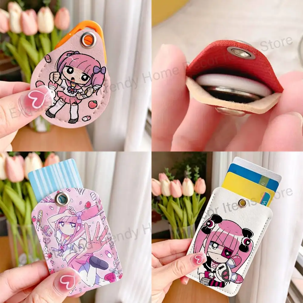M-Menhera kawaii Girl C-Chan Leather Card Holder with Exquisite Keychain purpose Case for Air Tag Metro ID Access Control Card