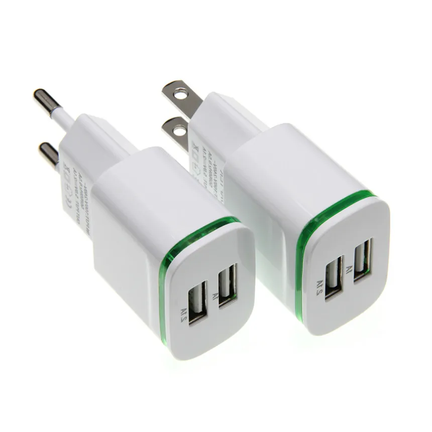 

100pcs 5V 2A US EU Plug LED Light Dual USB Adapter Mobile Phone Wall Charger Device Micro Data Charging For iPhone Smartphone