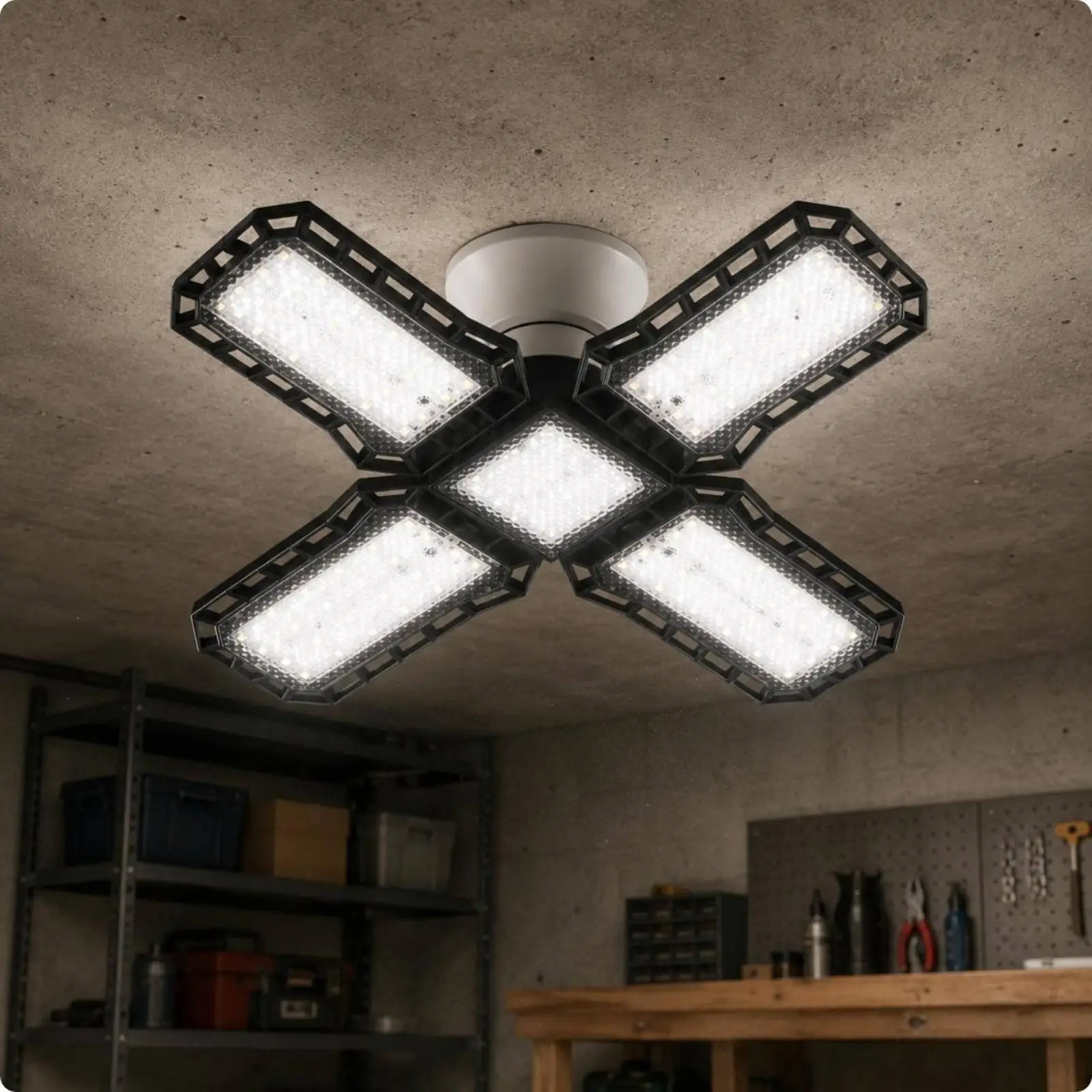 E27 LED Ceiling Lamp Folding Adjustable Panel Black Housing Energy Efficient 6500K for Home Garage Workshop Factory Lighting