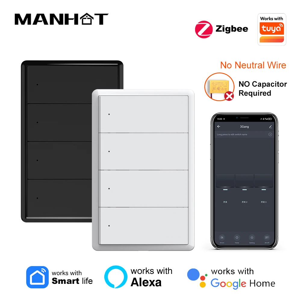 

MANHOT Zigbee Smart Wall Switch No Neutral Wire US Wall Push Button Physical Switch Work With Tuya Google Home Alexa