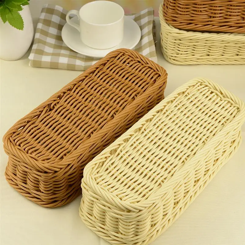 Plastic Rattan Woven Serving Basket Spoon Fork Knife Chopsticks Storage Basket Tableware Organizer Kitchen Cutlery Drain Holder