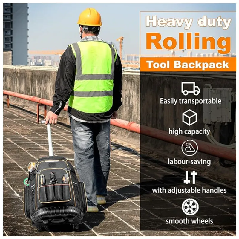 Wheeled Tool Backpack Heavy Duty Backpack Rolling Tool Backpack Organizer Wheel Tool Bag Storage Bag Organizers Reinforced