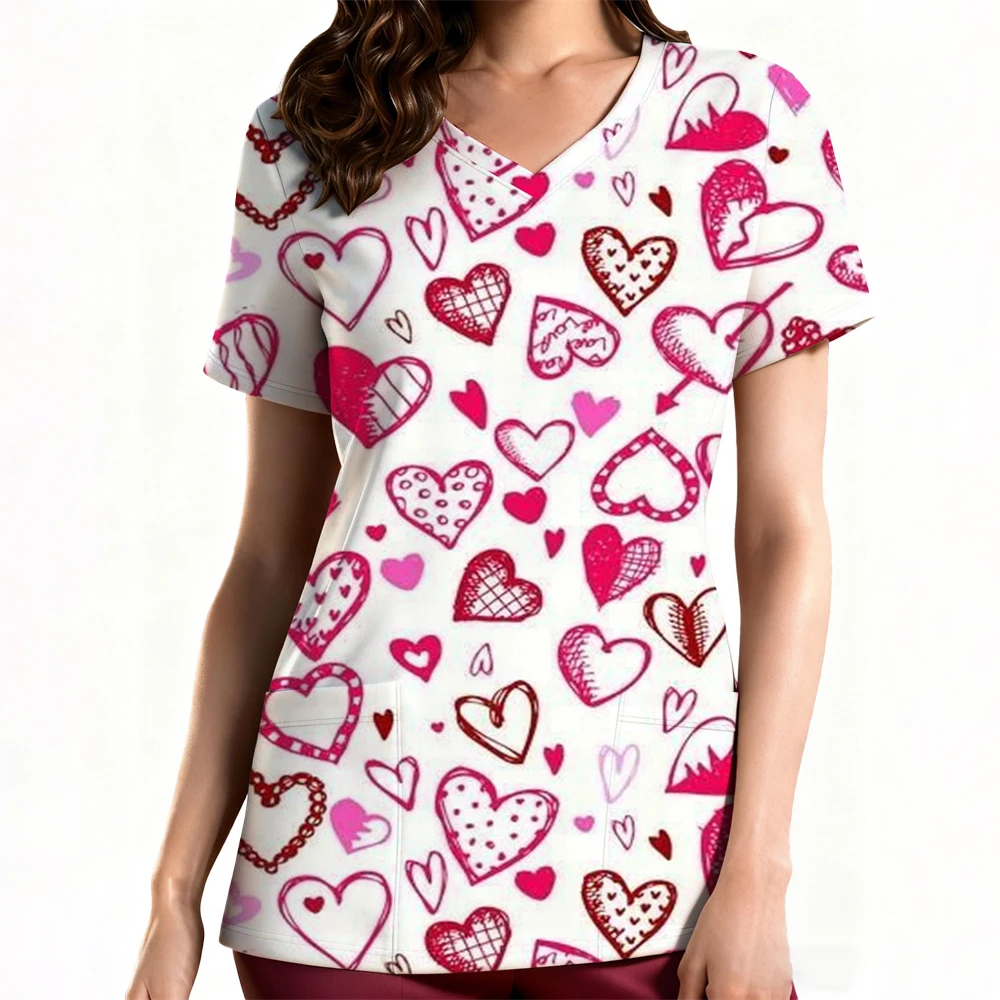 여성용 클리닉 유니폼 우아한 하트 프린트 헬스케어 스크럽 유니폼 트렌드 V넥 반팔 치과 간호 유니폼
