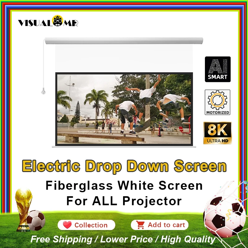 VisualMr Electric Motorized Drop Down Projection Screen Fiberglass White 4K 120 inch Projection Cinema for Home Theater Cinema