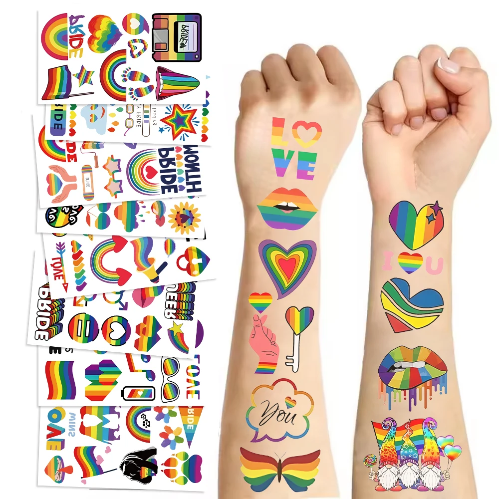 10pcs New Cartoon Rainbow LGBTQ Heart Temporary Tattoo Stickers Waterproof Magic Tattoo Disposable Tattoo Stickers