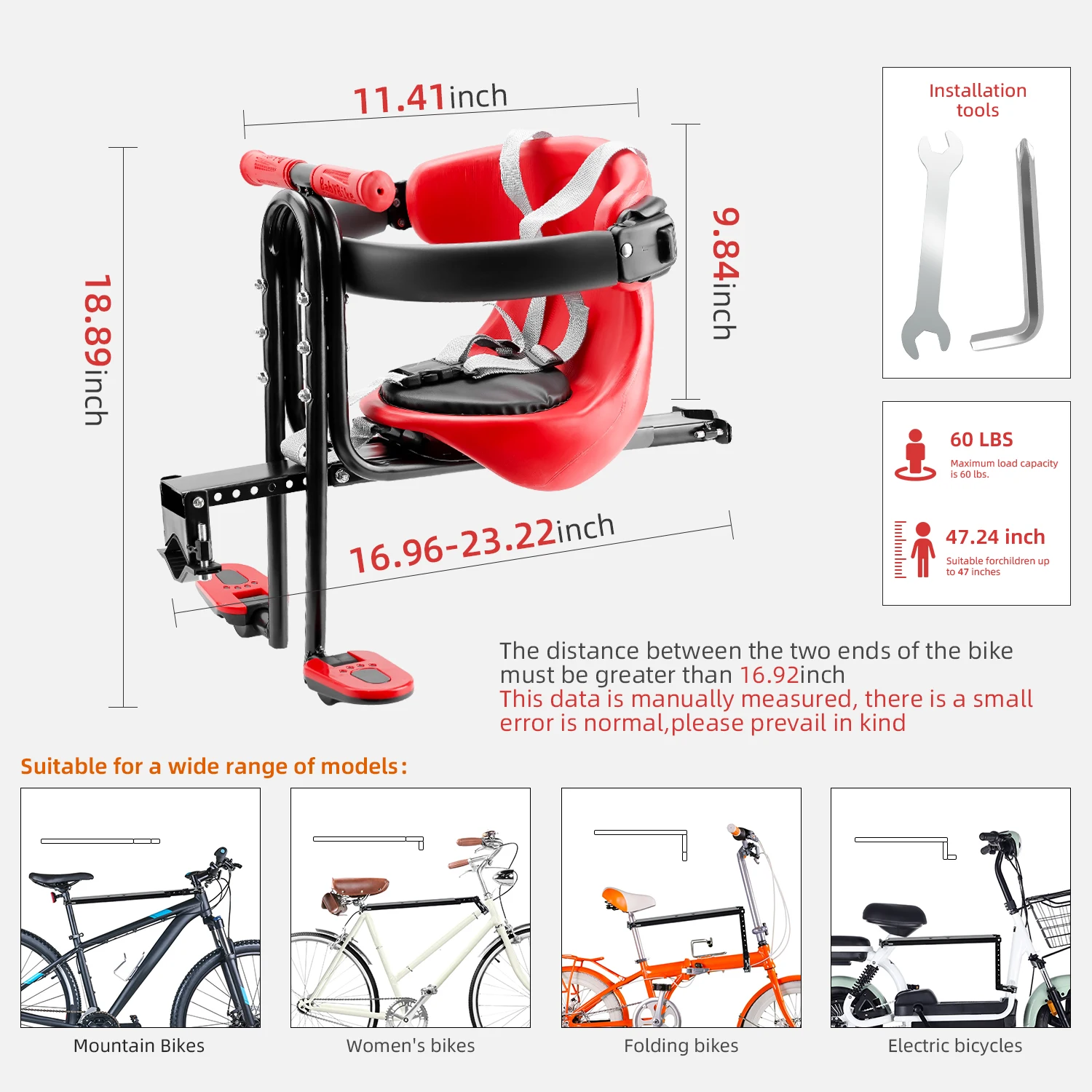 Baby Bicycle Seat Adjustable Safety Guardrail  for Kids Bike Seat Saddle Pedal Backrest Suitable for Mountain Bike