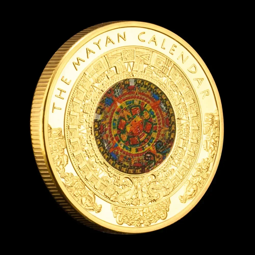 Mayan Calendar Painted Mexican Cameo Gold Plated Medallion Collector Coins Metal Commemorative Coin