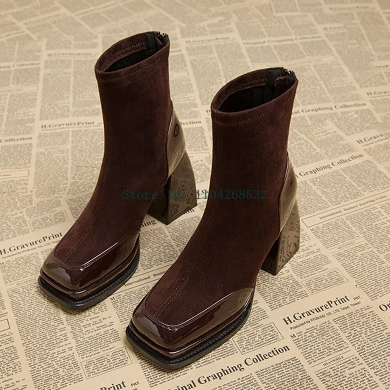 Square Heel High Heel Zipper Genuine Leather High Heels  2024 New Arrivals Black Brown Women Boots