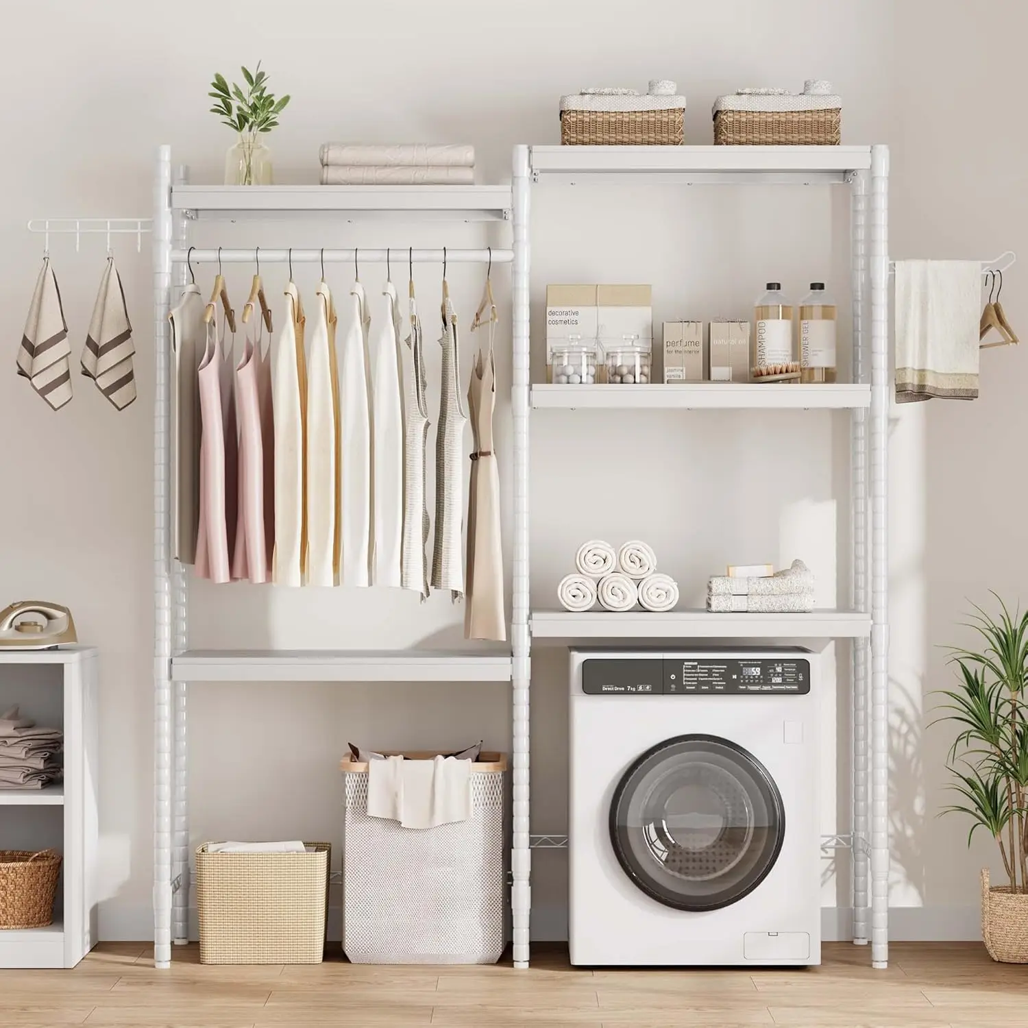 

5-Tier Wood Over The Washer and Dryer Storage Shelf- Laundry Room Organization Drying Clothes Racks Adjustable Height for Home