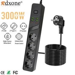 3000W EU Plug AC Outlet Multitap Power Strip Extension Cord Electrical Socket Smart Home Office Surge Protector Network Filter