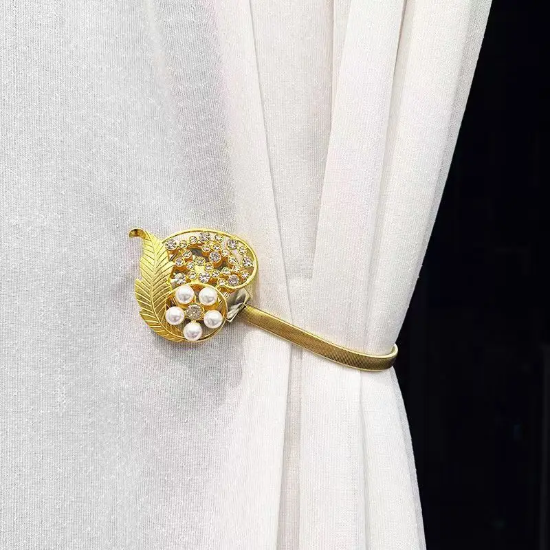 Metal Curtain Tiebacks Spring Elastic Curtain Holdbacks Pearl Rhinestone Leaf Decorative Curtain Buckle For Home Window Decor