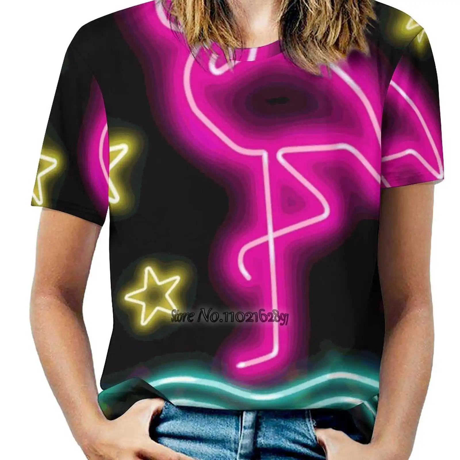 Retro Neon Women\'s Tops Tee Ladies Casual Sexy T-Shirt Back Lacing Clothing Retro 80 S 80 Neon Flamingo Pink Colors Colorful