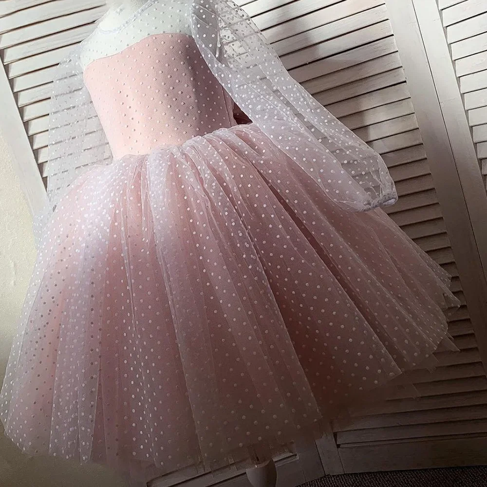 Children's Wedding Dress Polka Dot Lace Long Sleeved Performance Birthday Fluffy Short Skirt Flower Girl Dress