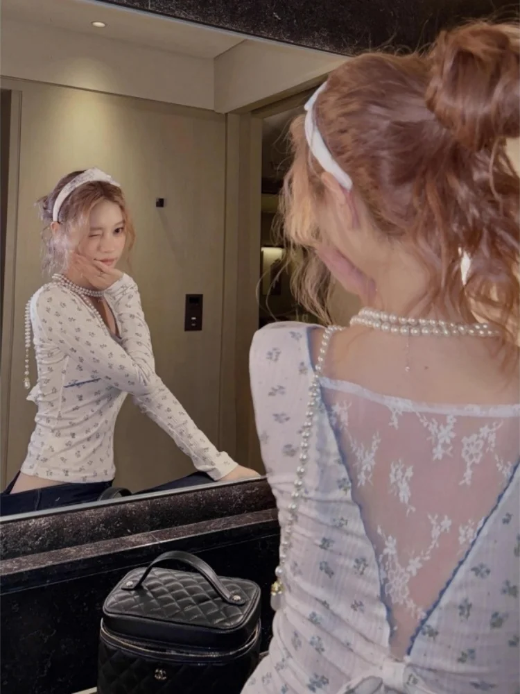 T-shirt francese Sle lunga Sve T-shirt invernale da donna New V-ne Lace Ba Nodo Stampa floreale Strato base Pure Desire Top