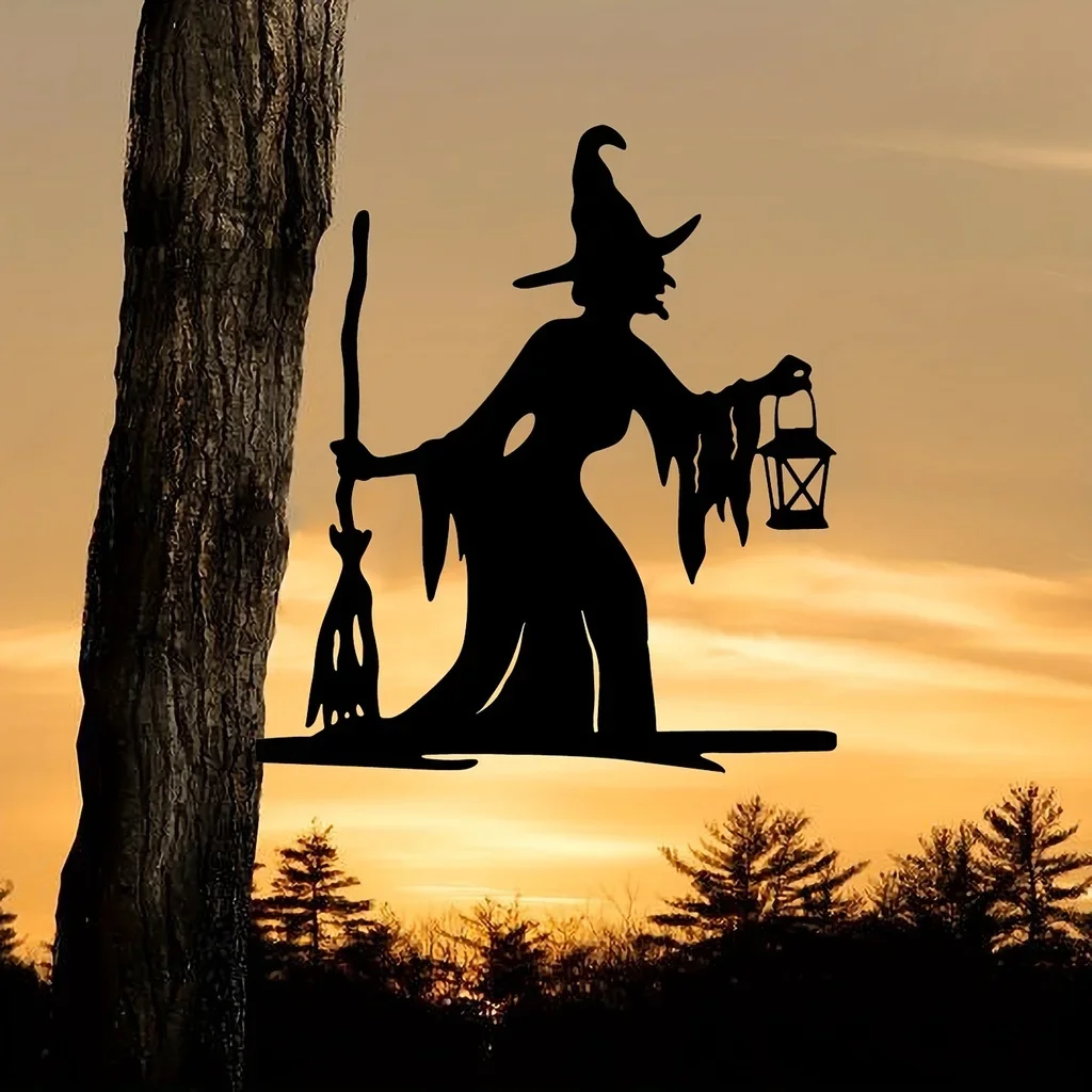 1szt Witch Lantern On Branch Steel Silhouette Metal Wall Art Home Garden Yard Patio Outdoor Statue Stake Decoration Perfect