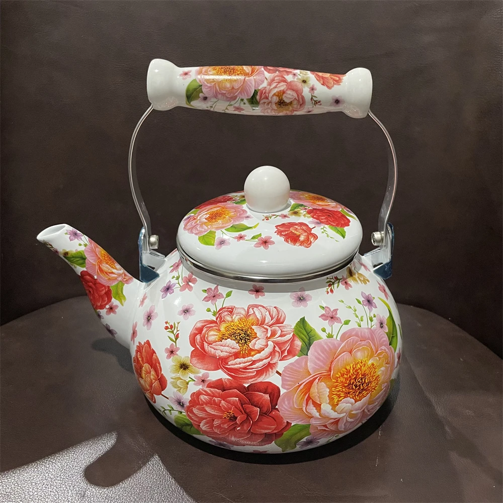 Vintage Style Enamelling Botanical Flower Teapot, Kitchen Water Pot, Thickened Camping Kettle, 2.5 L