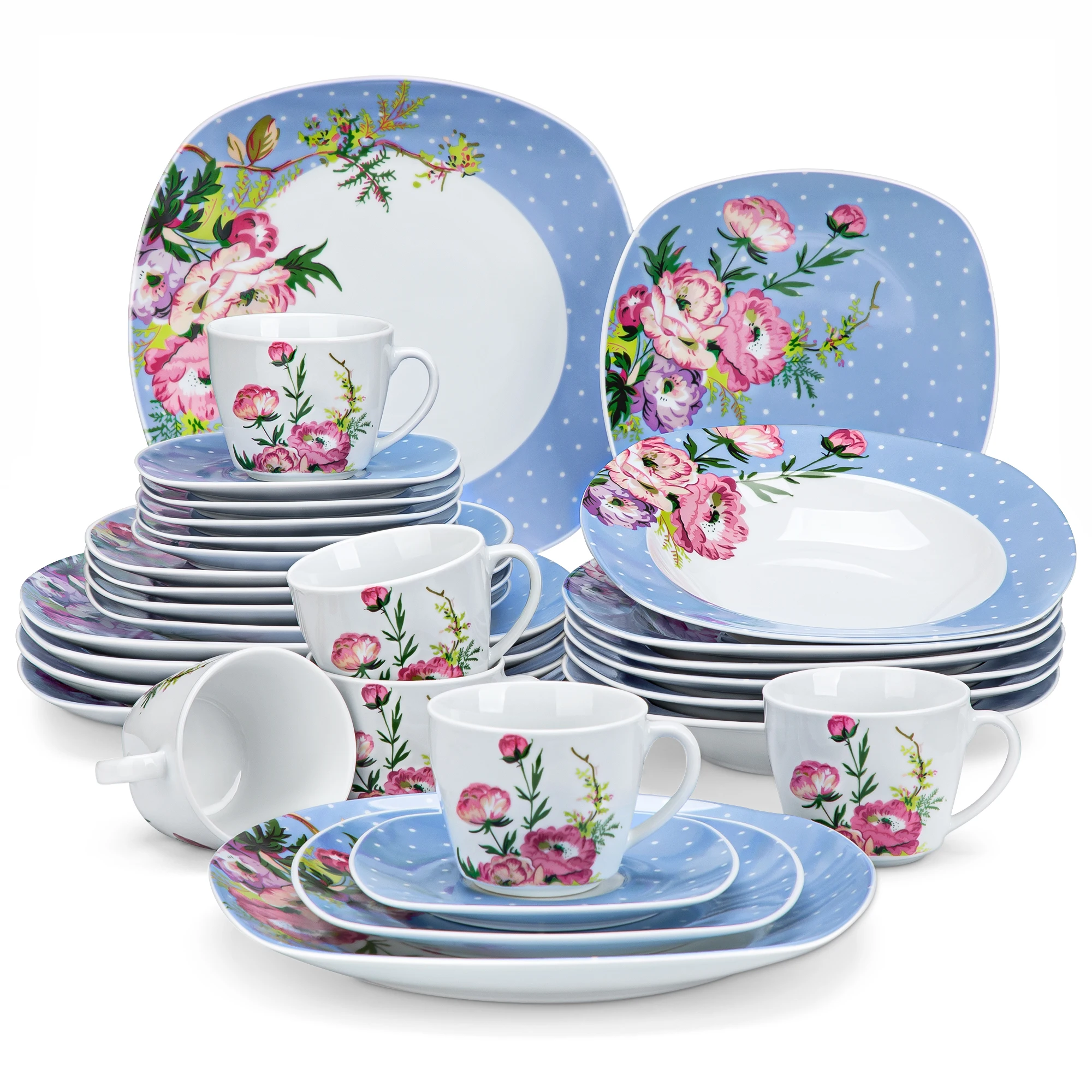 VEWEET Hannah Series 30/60 Piece Porcelain Ceramic Kitchen Tableware Set with Dinner,Dessert,Soup Plate,Cup and Saucer For 6/12