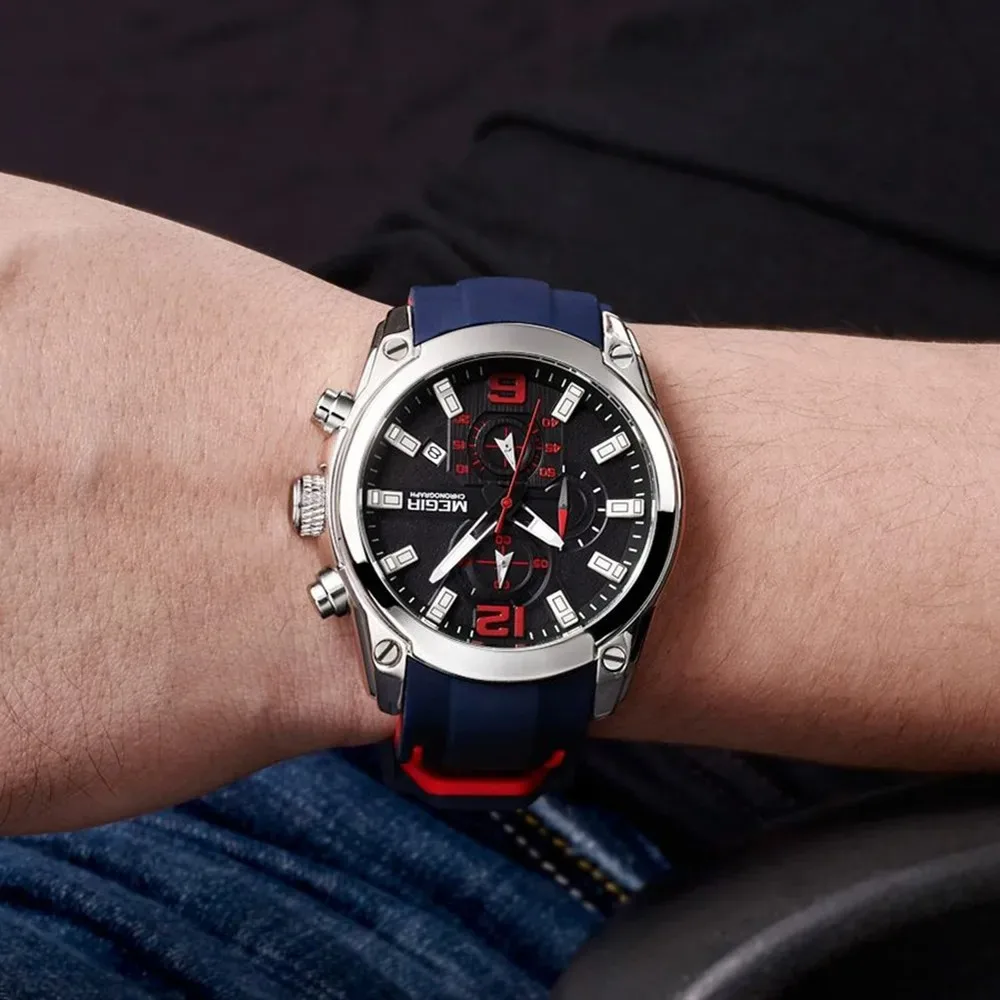 MEGIR 2063 Relojes Para Hombres موضة رياضية كوارتز ساعة رجالي كرونوغراف مضيئة مقاوم للماء التقويم الساعات للرجال