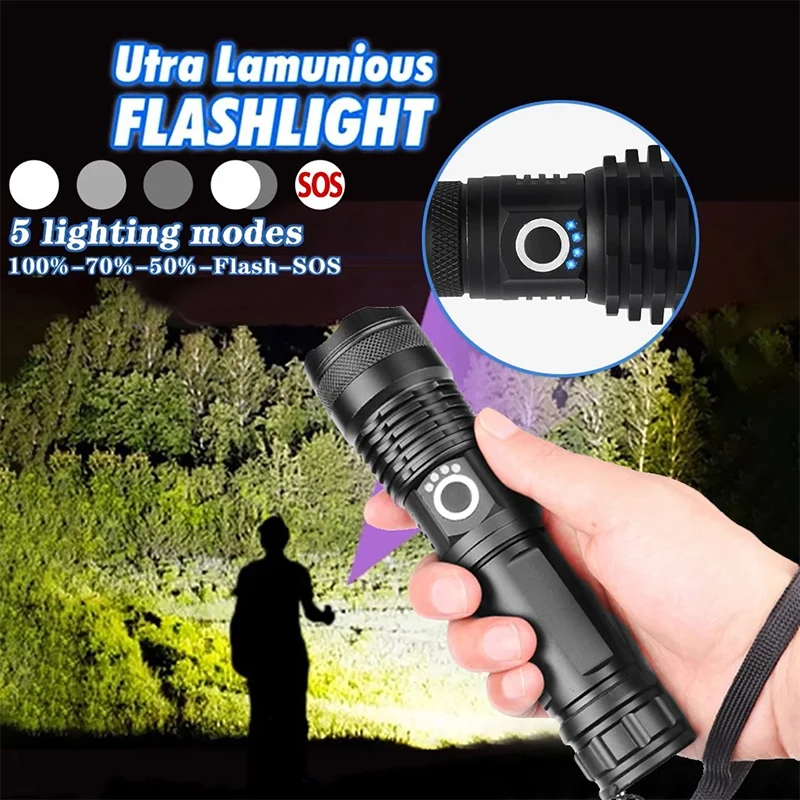 

High Power XHP100 Led Flashlight Rechargeable 4 Core Torch Zoom Usb Hand Lantern For Camping, Outdoor & Emergency Use