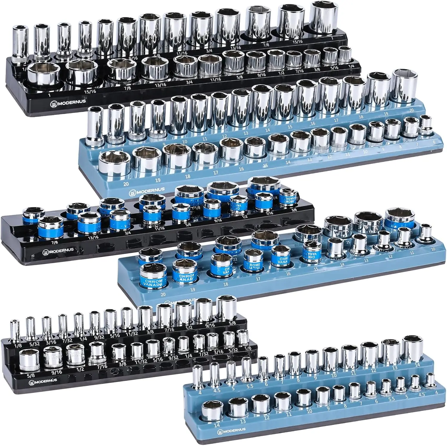 

Magnetic Socket Organizer - 6-Piece Tool Storage for SAE & Metric Drive Sockets - Clear Size Markings, Deep Slots, Powerful Magn