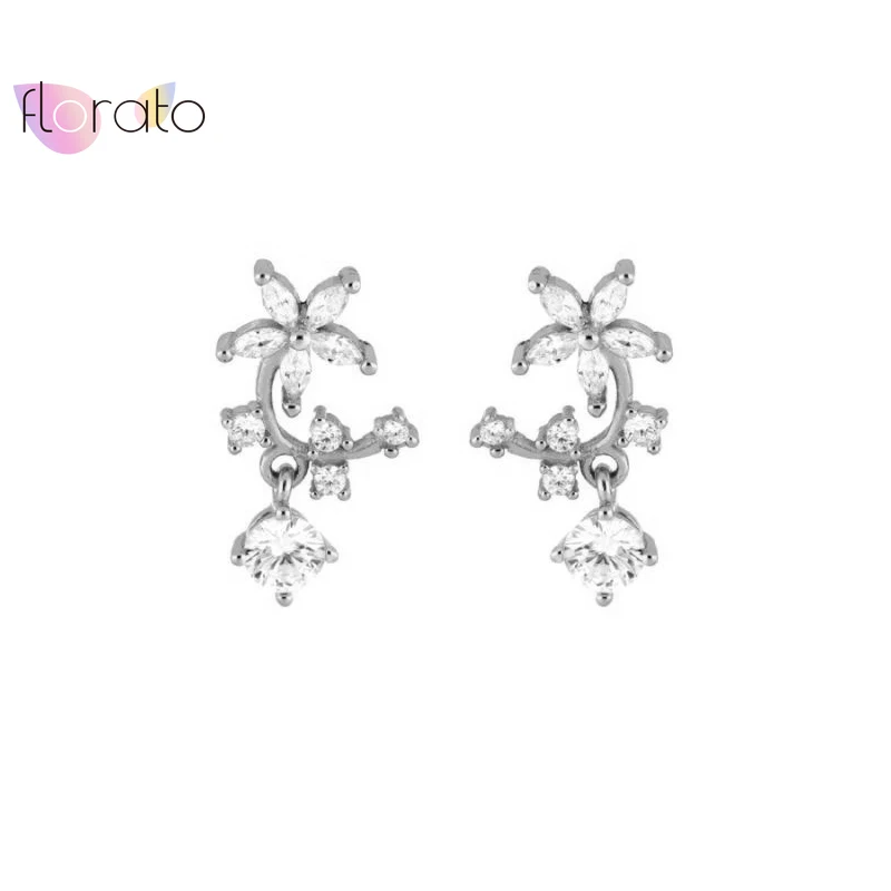 925 Sterling Silver Needle Irregular Crystal Flowers Stud Earrings for Women Geometric Mini Charm Earrings Fine Wedding Jewelry