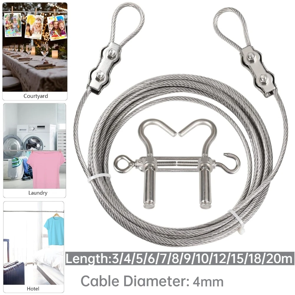 Portable Windproof Clothes Rope Line with Stainless Steel Cable Tightener System Multipurpose Heavy Duty Outdoor/Indoor Drying