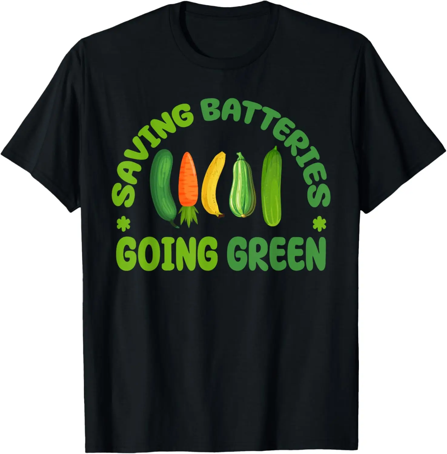 Saving Batteries Going Green Vegetables and Fruit Graphic T-Shirt Cotton Round Neck Casual Tee