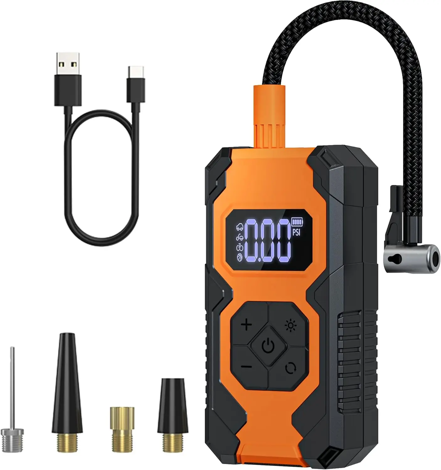 

Portable Tire Inflator 3X Faster Air Compressor, 7800mAh Battery, 150PSI Digital Gauge for Car, Bike & Motorcycle, Black+Orange