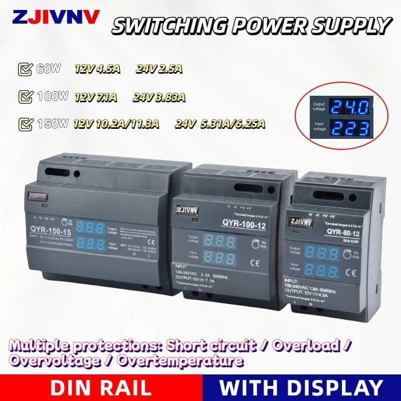 

Din rail switching power supply with digital display 60W 100W 150W Outoput 12V 24V 36v Input 100-240vac smps