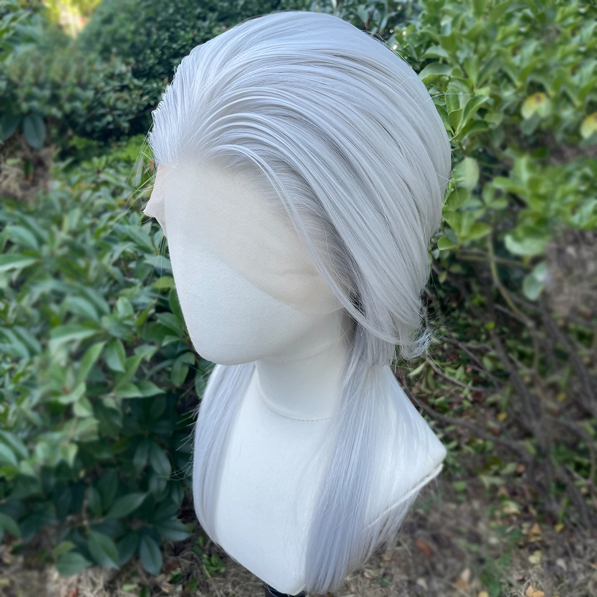 Schulterlange Vokuhila-Synthetik-Perücken, Schichten, Pferdeschwänze, Silbergrau, 13 x 4 synthetische Lace-Front-Perücken für Frauen, Cosplay-Perücke, Männer, 150 % – Detail 3