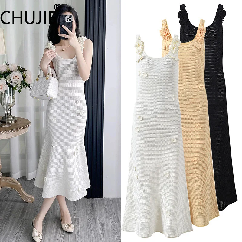 

CHUJIE Women's Dress 2025 Spring/Summer New Three Dimensional Flower Knitted Socialite Elegant Slimming Strap Dress