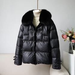 Winter Women Real Fox Fur White Duck Down Jacket Mink Hair Puffer Coat Female Vintage Streetwear Short Outwear Winter Coat Women