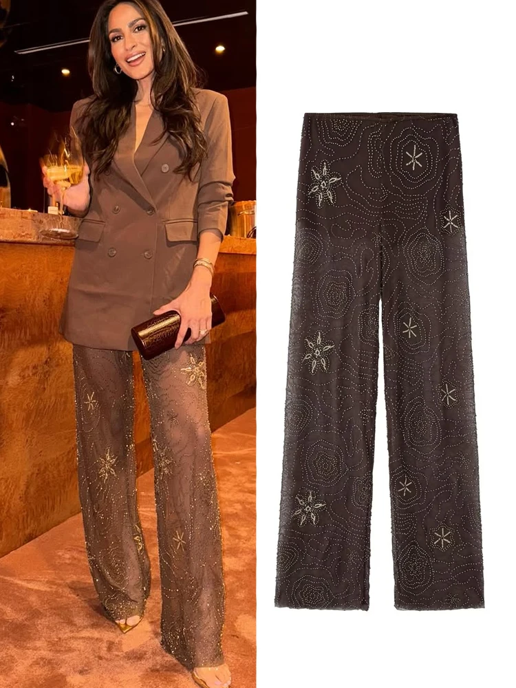 HXAO Woman Bead Sequin Pants Gauze Women's Pants Brown Breathable Vintage Wide Pants  Korean Fashion Sexy Bar Women's Pants ﻿