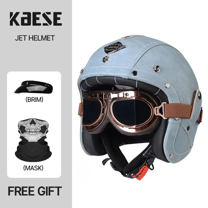Antique Faux Blue Leather Finish 3/4 Motorcycle Helmet Leather Look Reinforced ABS Shell With Wide Vision Wind Goggles